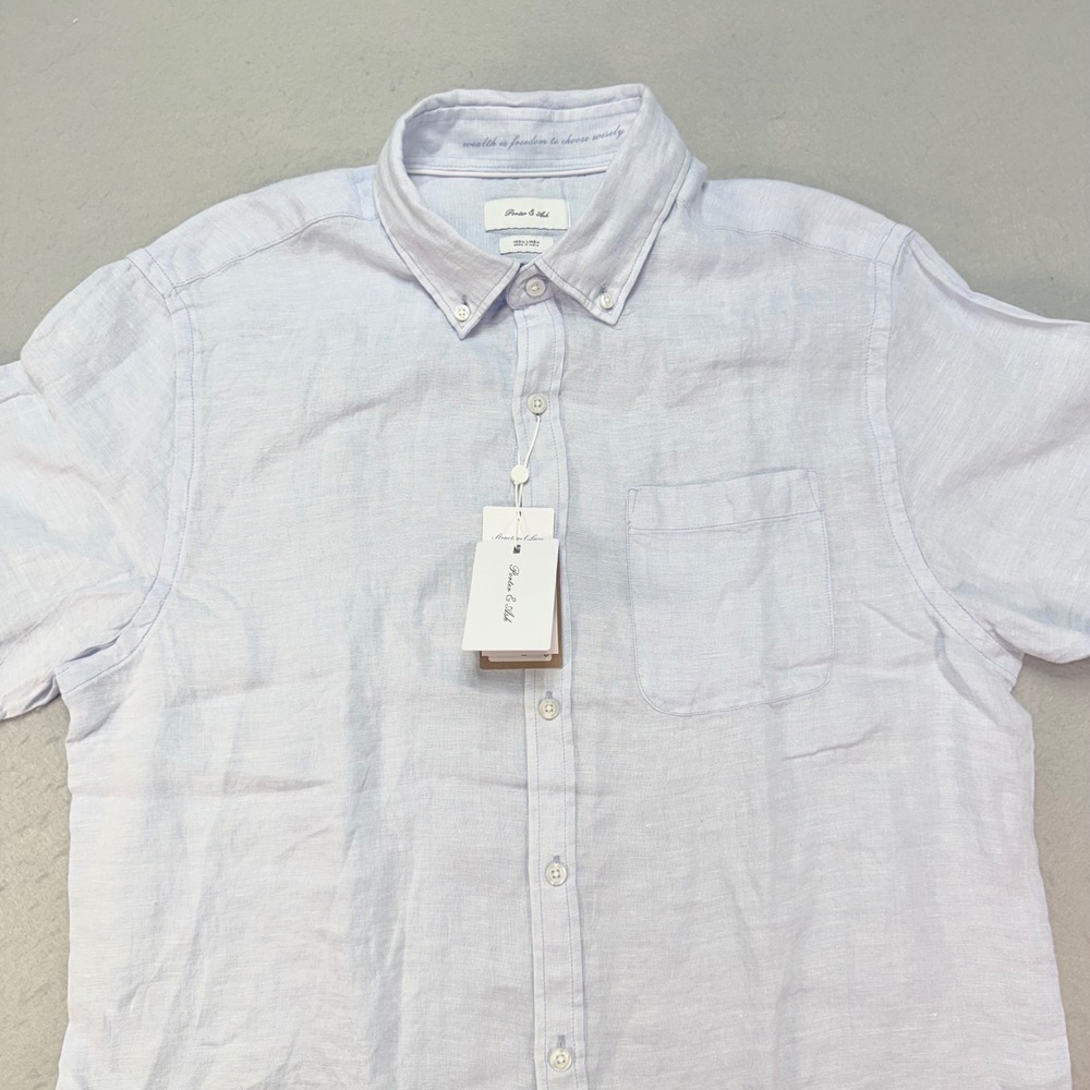 Porter & Ash Men's Linen Button‑Down Blue Short Sleeve Shirt Size L NWT, Fashion
